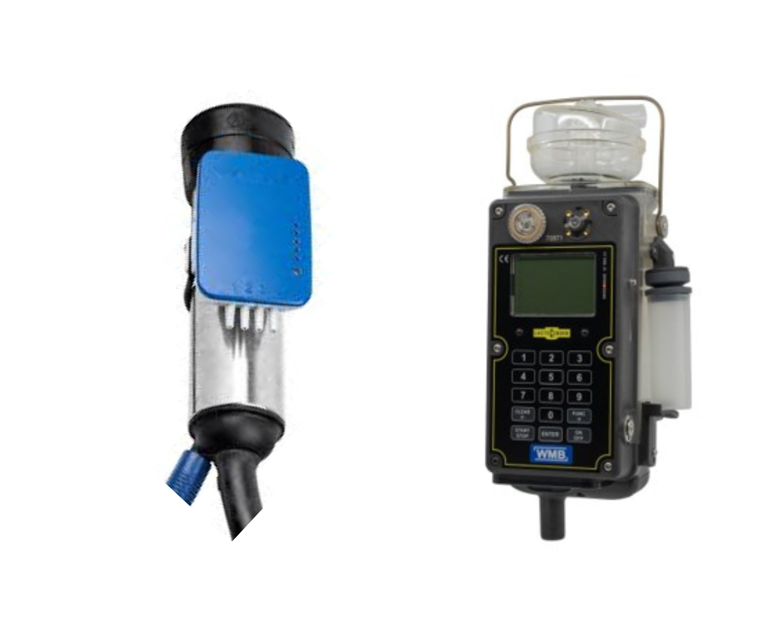 Two milk monitoring devices shown side by side on a white background. On the left is an inline milk flow sensor with a clear cylindrical chamber, internal metal prongs, and a blue rectangular sensor module attached to the side, connected to tubing at the bottom. On the right is a portable electronic milk meter with a small collection cup on top, a digital display and keypad on the front, buttons numbered 0&ndash;9, and attached tubing, used for recording milk yield and flow data during milking.
